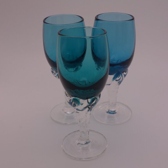 Set of Three(3) Blue Glass Very Small Glasses - Picture 2 of 13